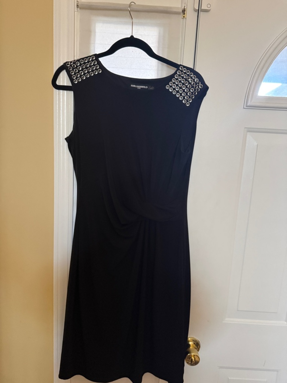 Karl Lagerfeld Black Midi Dress with Grommet-Embellished Shoulders